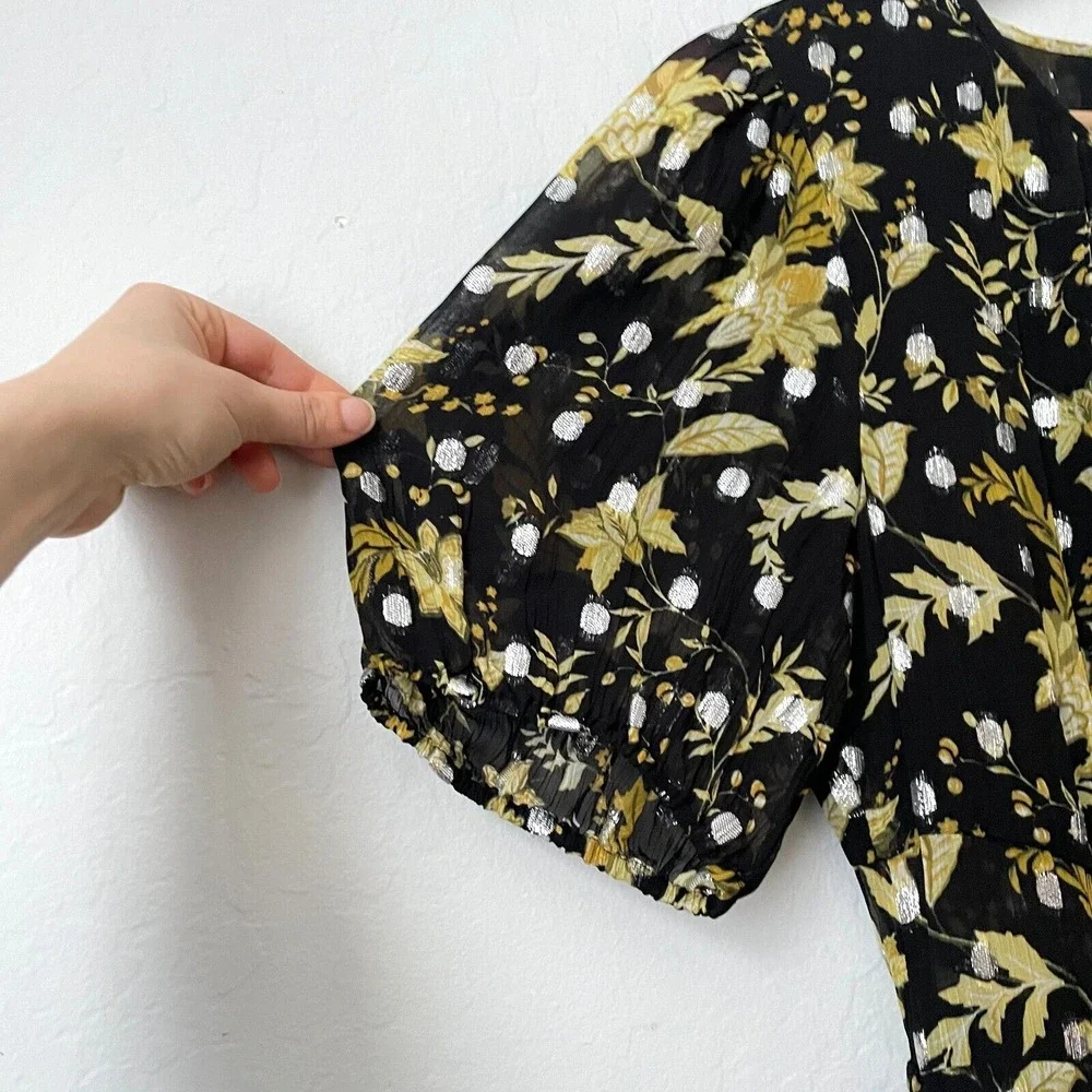 NWT $298 J.Crew Open-Back Metallic Clip-Dot Black Maxi Dress Golden Floral Sz 10